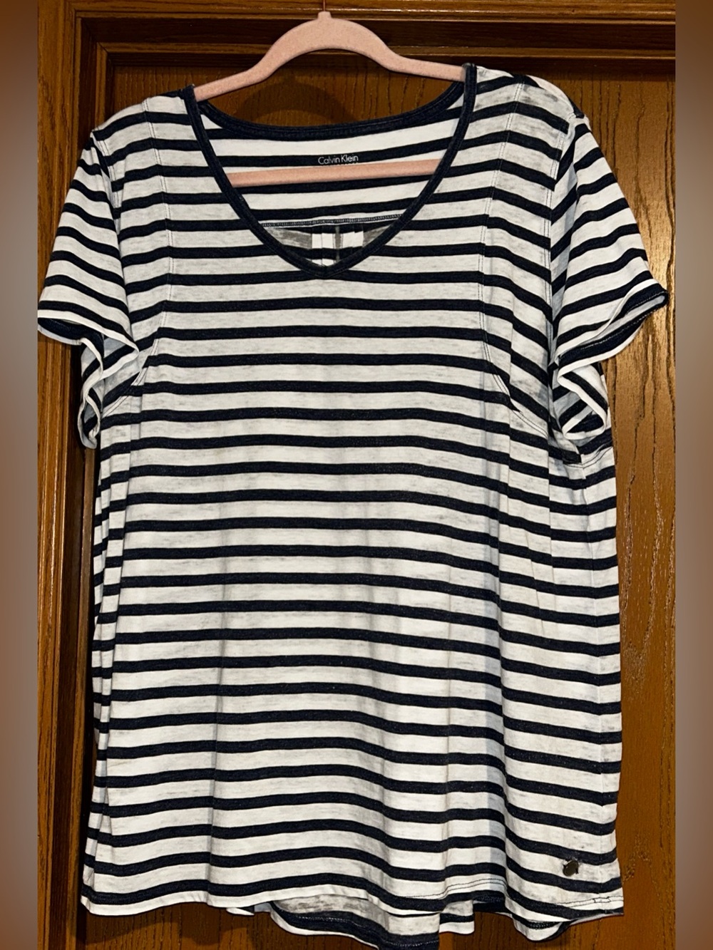 Calvin Klein Navy and White Striped V-Neck Short Sleeve Tee